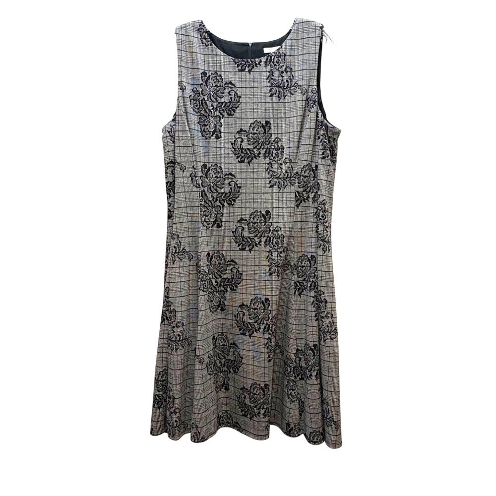 London Style Collection Sleeveless Black Gray Plaid Dress Floral Stretch Size 18